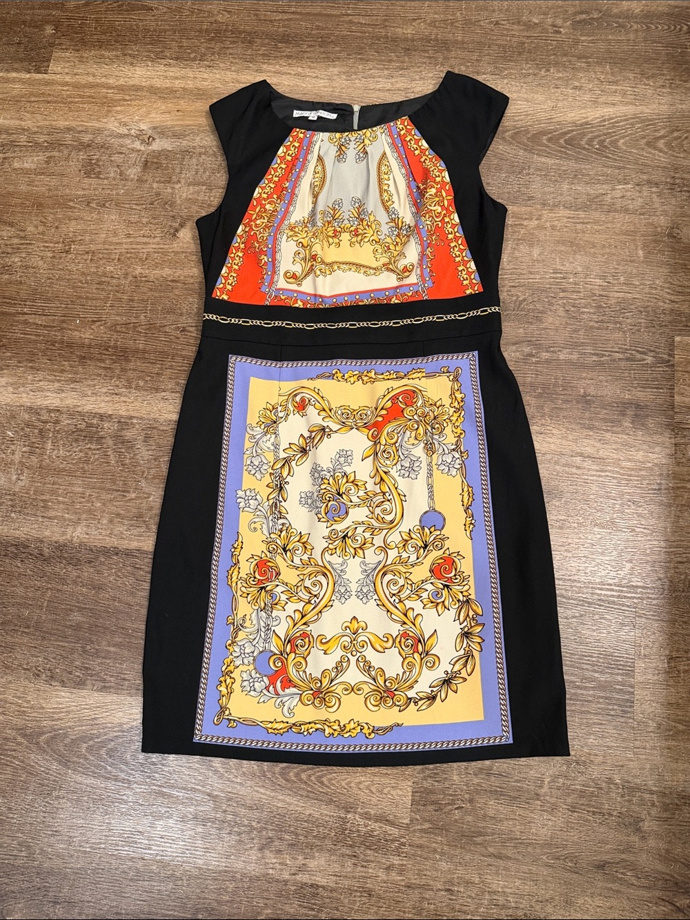 Maggy London Black Mini Dress with Yellow, Red & Purple Baroque Panels